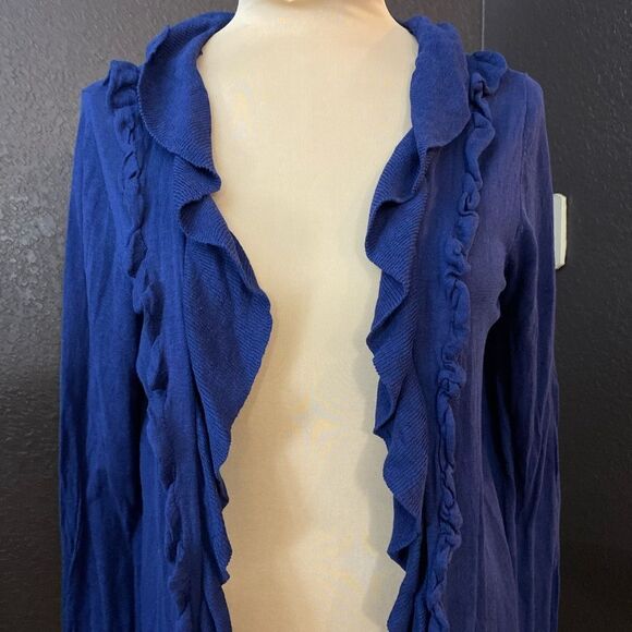 Ann Taylor navy academia ruffle‎ shawl collar open front fine knit silk cardigan - Picture 1 of 7